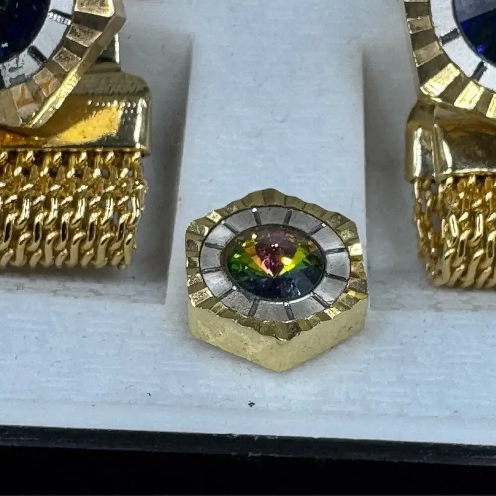 Vintage Millionaire Gold Tone Cufflinks and Tie Tack Set Aurora Borealis